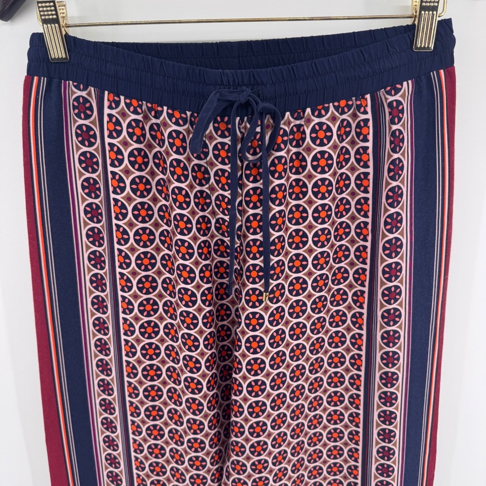 Trina Turk Womens Small Medallion Print Wide Leg Silk Trim Pants Navy Burgundy - Picture 2 of 10